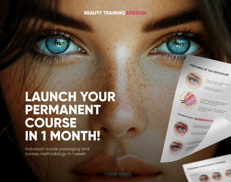 Womans face upfront with bright blue eyes and a title Launch your permanent course in 1 month!